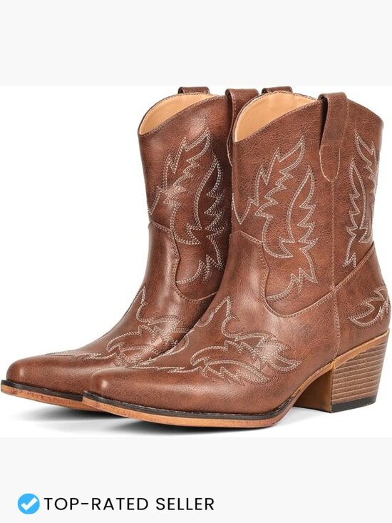 Shoes - Pointed Toe Ankle Booties Chunky Heel Western Cowgirl Embroidered Pull-On